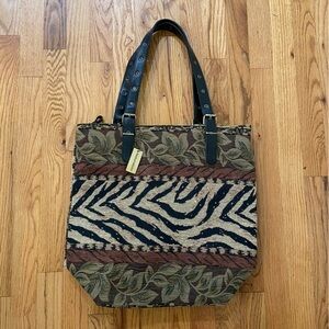 Vintage Naturalizer Leaves Pattern Large Tote Bag Purse Embroidered Tan Gold